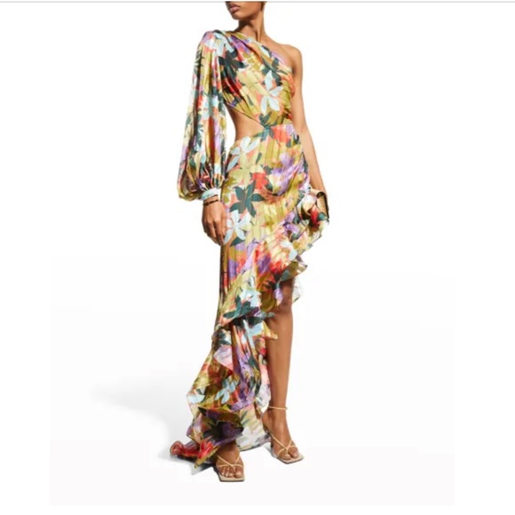 NWOT BRONX AND BANCO Tropics Violet One Sleeve Ruffle Maxi Dress - Picture 5 of 8